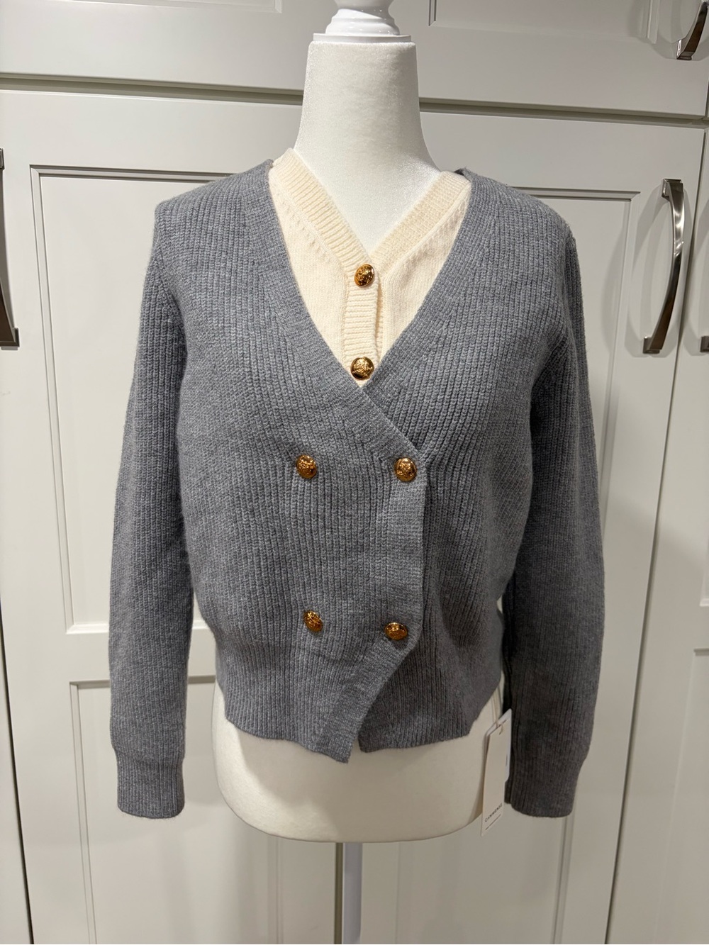 Commense Gray Double-Breasted V-Neck Cardigan with Cream Trim